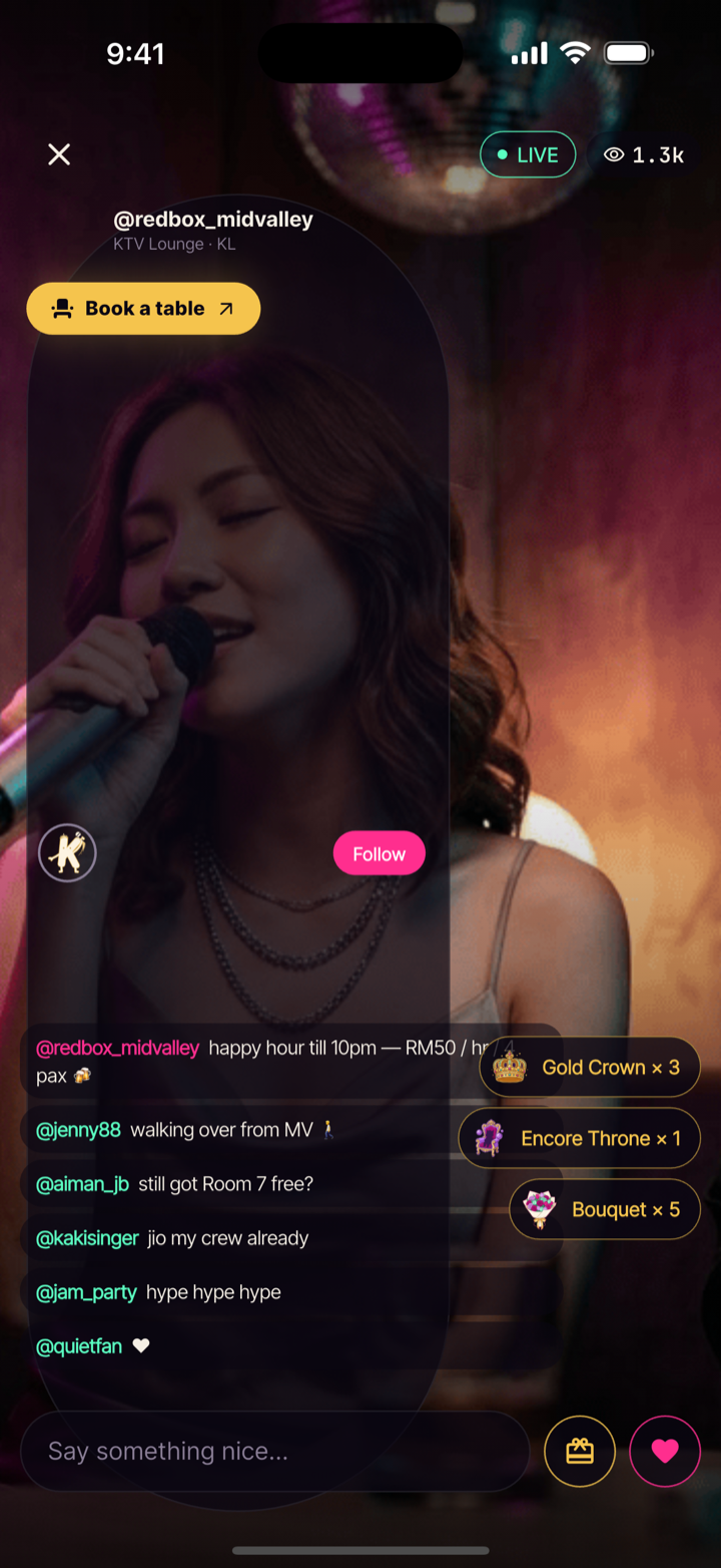 KakiKTV Live screen: @redbox_midvalley KTV Lounge KL streaming with Book a table button, gift overlays, and crowd chat
